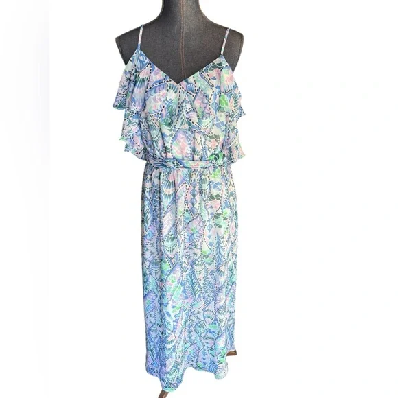 Lilly Pulitzer Zadie Maxi Dress Tails Of The Sea Purple Blue Green Size Large - Picture 2 of 13